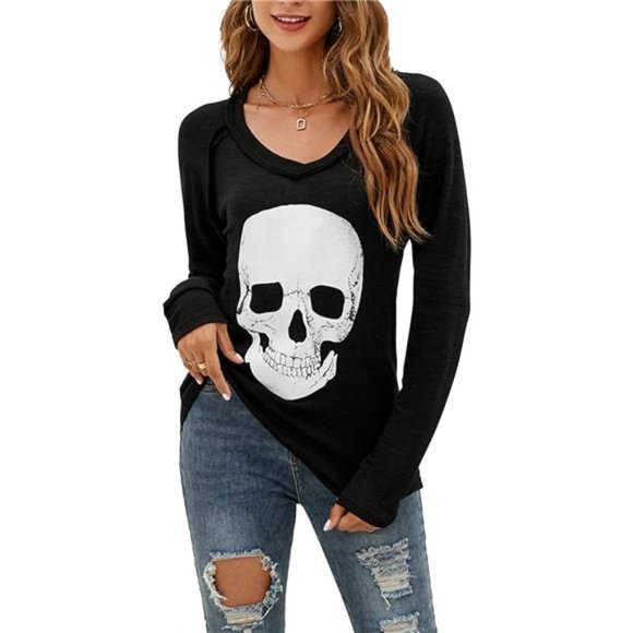 Women's Skull Shirt Skeleton Graphic Tees V-Neck Long Sleeve Tunic Top - Picture 1 of 6